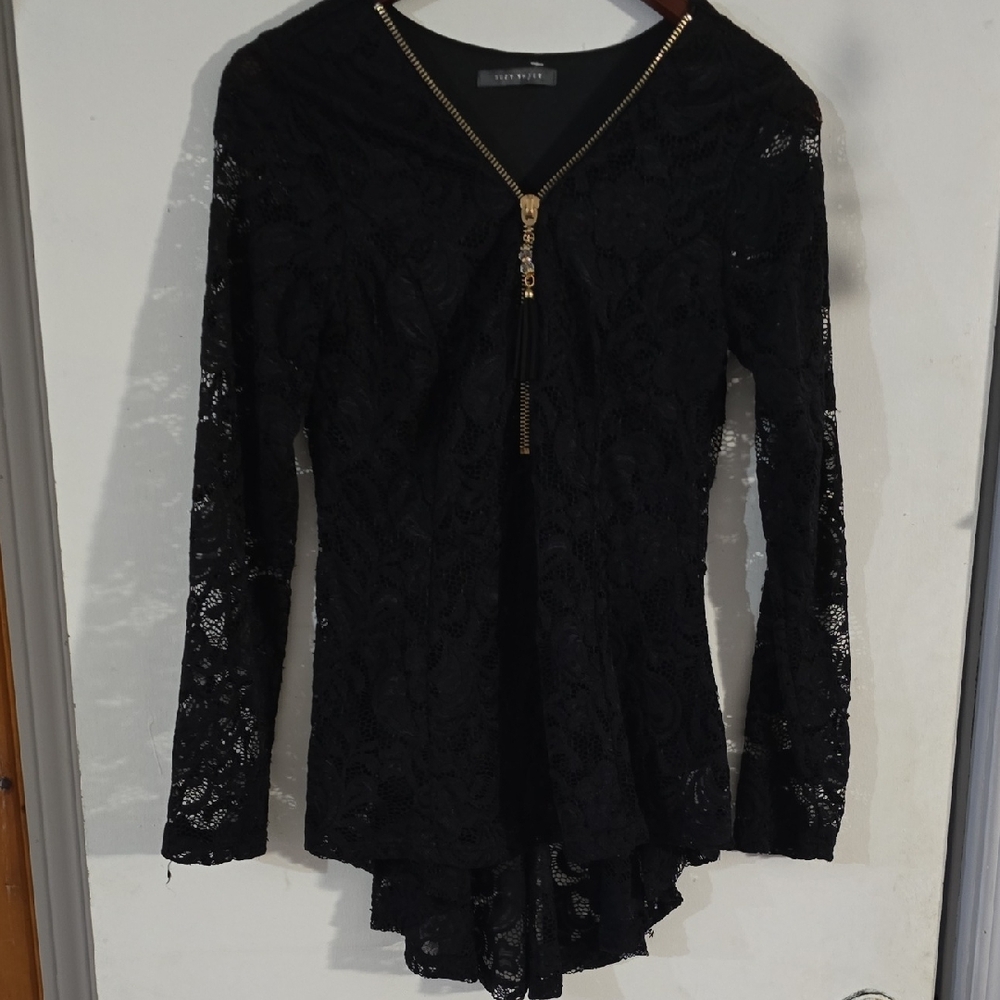 Black Lace Long Sleeve Top with Zipper